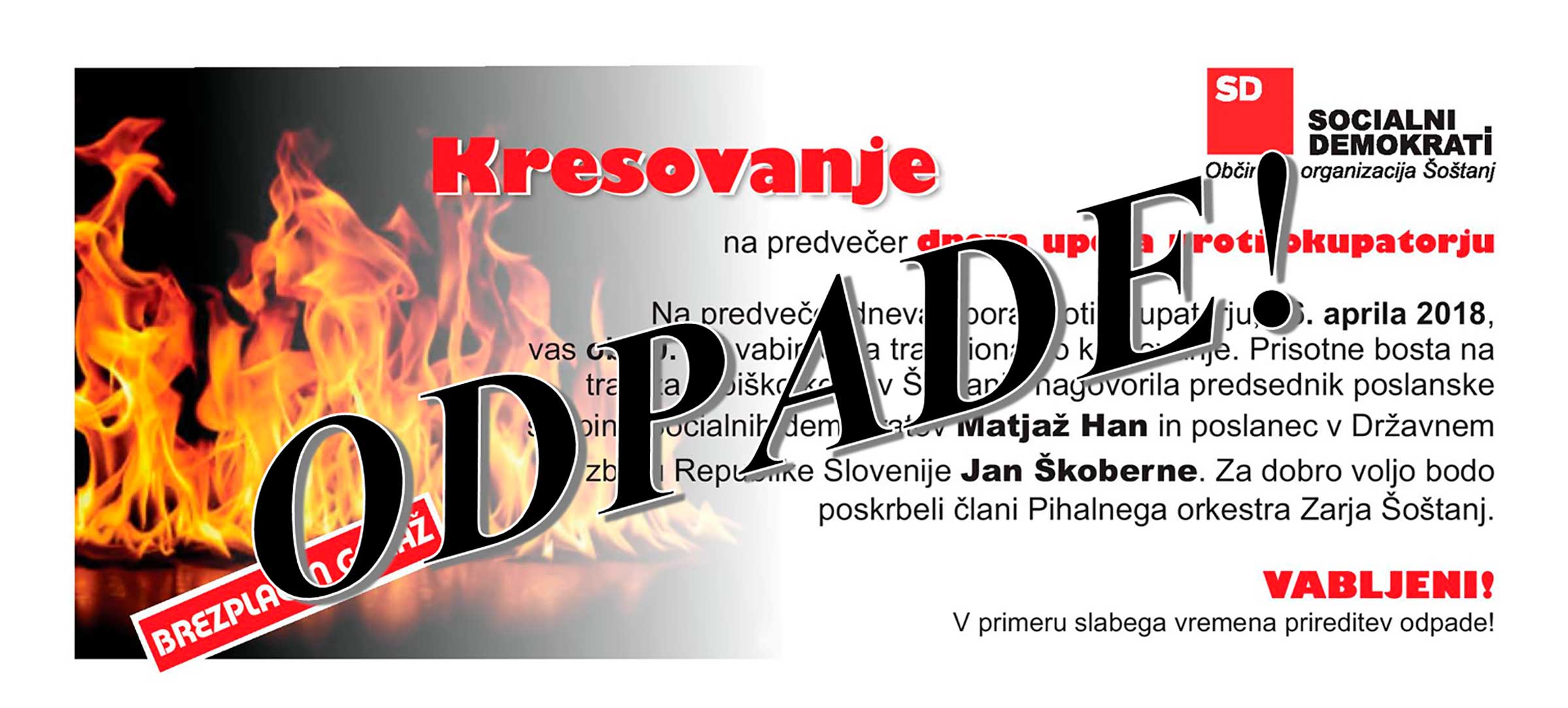 Kresovanje v Šoštanju zaradi slabega vremena odpade!