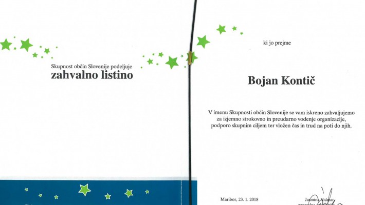 Županu Kontiču posebna zahvala za uspešno vodenje Skupnosti občin Slovenije
